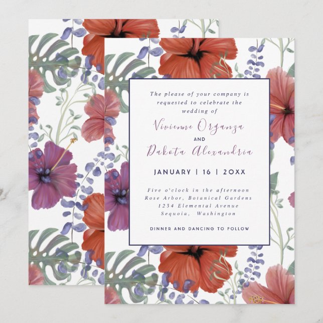 Invitación a bodas de hibiscos tropicales de veran (Anverso / Reverso)