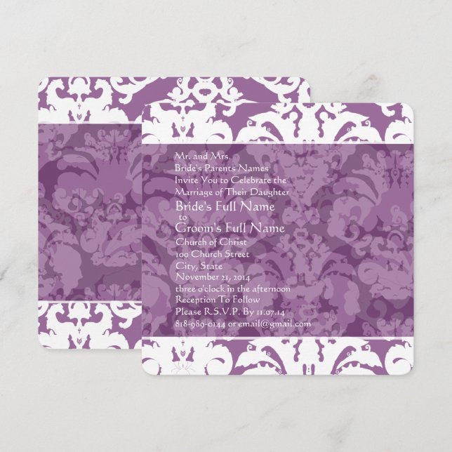 Invitación a bodas de lavanda Lilac Damask (Anverso / Reverso)