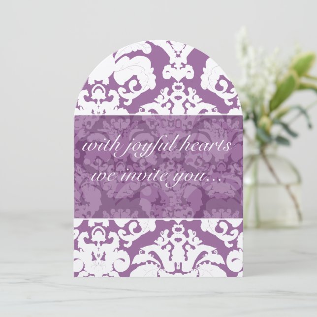 Invitación a bodas de lavanda Lilac Damask (Anverso de pie)