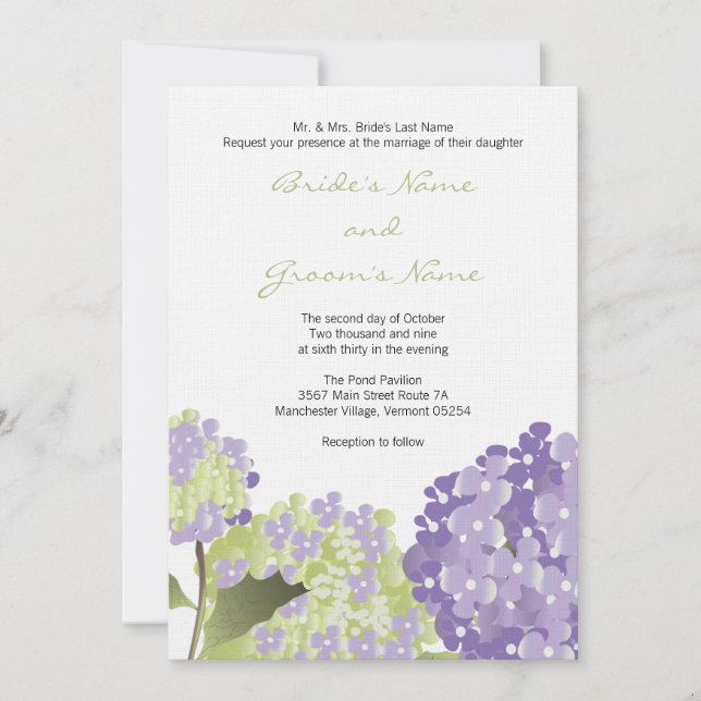 Invitación a bodas de Lavendar Hydrangea (Anverso)