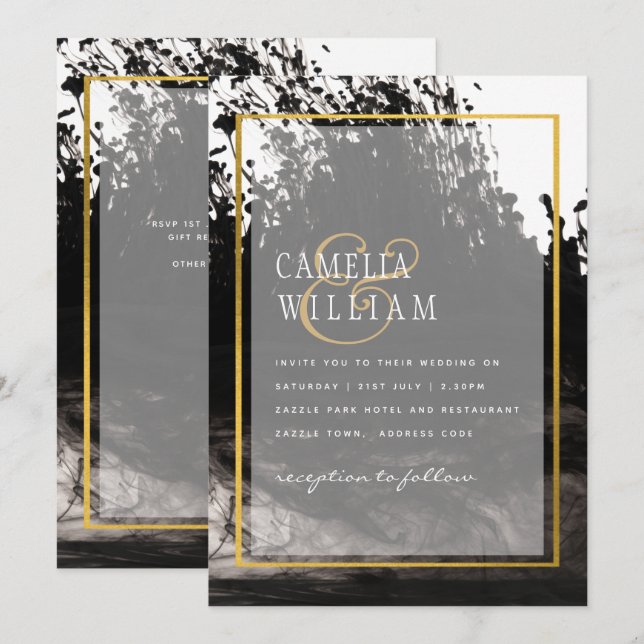 Invitación a bodas de LeahG Black Gold INK (Anverso / Reverso)