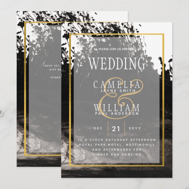 Invitación a bodas de LeahG Black Gold INK (Anverso / Reverso)