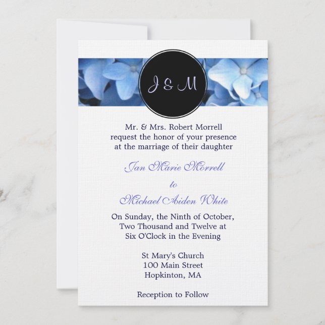 Invitación a bodas de monograma azul hidrangea (Anverso)