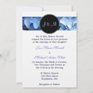 Invitación a bodas de monograma azul hidrangea