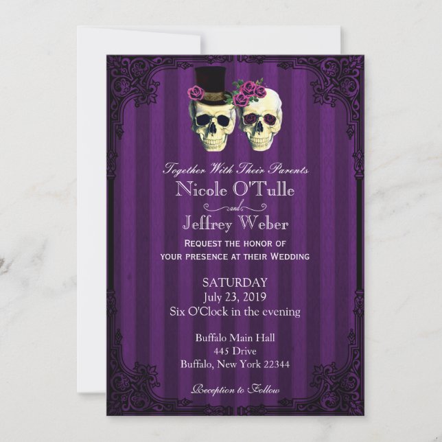 Invitación a bodas de morado de cráneo de Groom Sk (Anverso)