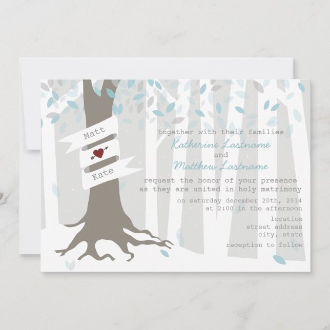 Invitación a bodas de nieve en invierno de bosque  (Anverso)