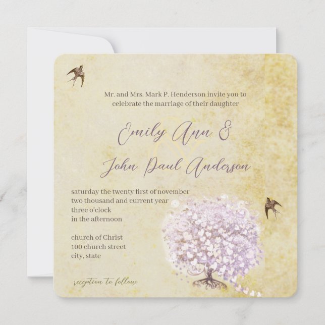 Invitación a bodas de pájaro de árbol púrpura de h (Anverso)