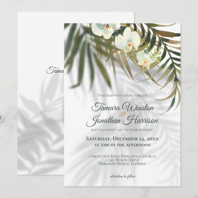 Invitación a bodas de playa de Palm & Orquídeas Tr (Anverso / Reverso)