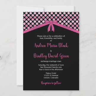 Invitación a bodas de puntos de polka rosado y neg