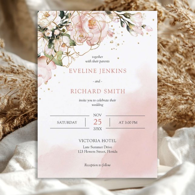 Invitación a bodas de Rosas florales rosados de Ru (watercolor blush pink roses eucalyptus and gold wedding invitation)