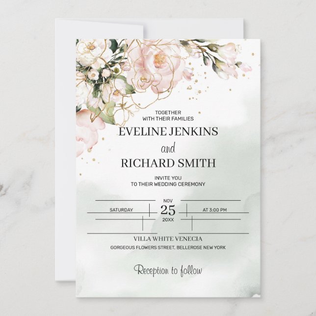 Invitación a bodas de Rubor Pink Floral Greenery B (Anverso)