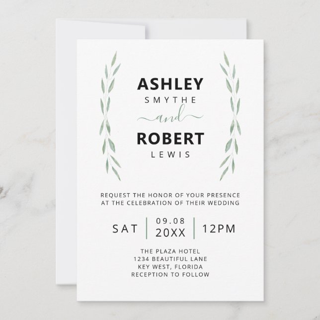 Invitación a bodas de verde salchicha, botánica (Anverso)