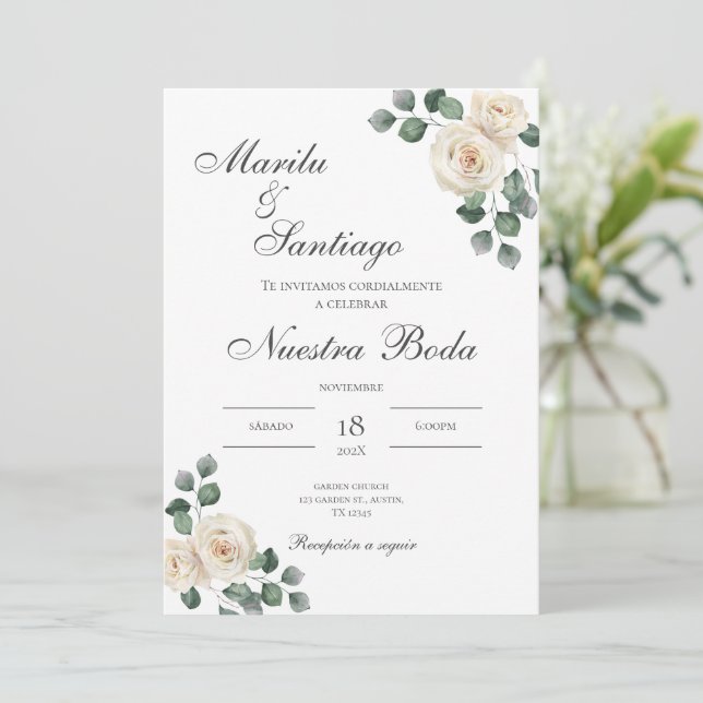 Invitación a bodas en floral verde sabio en españo (Anverso de pie)