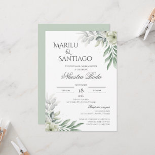 Invitación a bodas en floral verde sabio en españo
