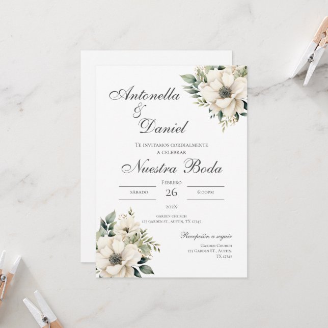 Invitación a bodas en floral verde sabio en españo (Anverso/Reverso In Situ)