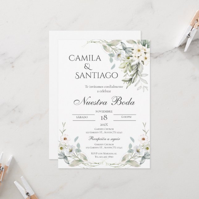 Invitación a bodas en floral verde sabio en españo (Anverso/Reverso In Situ)