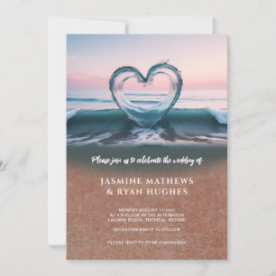 Invitación a bodas en la playa, corazón de amor
