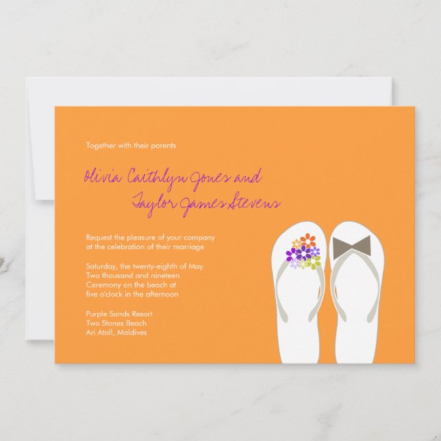 Invitación a bodas en la playa de Mr & Mrs Purple  (Anverso)