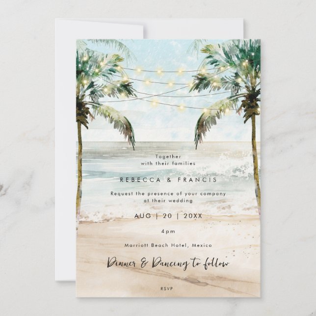 invitación a bodas en la playa de palmeras tropica (Anverso)