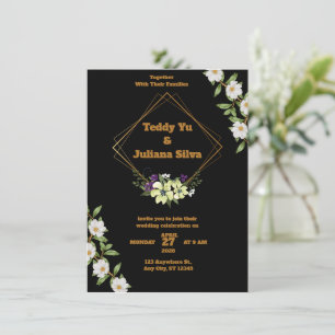 Invitación a bodas en negro y oro con flores