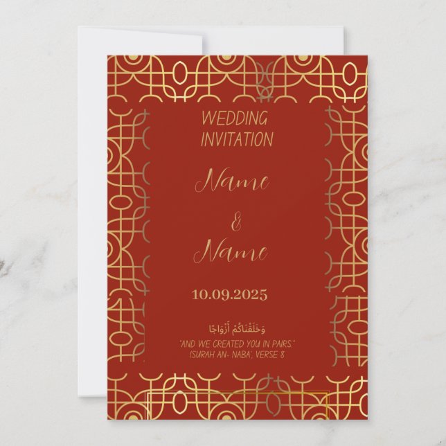 Invitación a bodas en rojo y oro (Anverso)