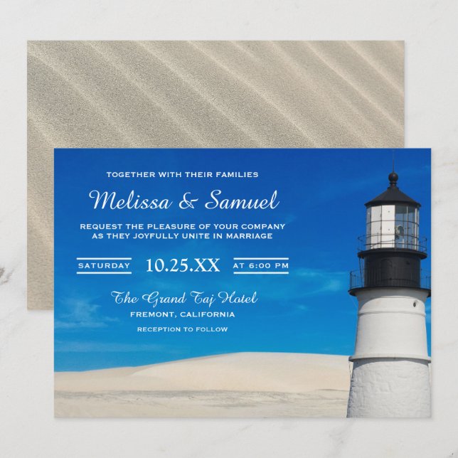 Invitación a bodas en un faro de arena blanca (Anverso / Reverso)