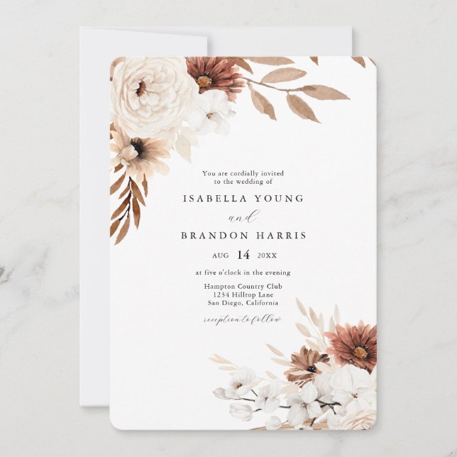 Invitación a bodas florales en Boho Siena y Beige (Anverso)