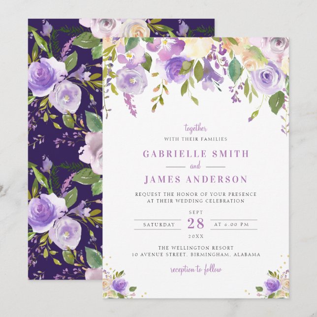 invitación a bodas florales púrpura, malva y meloc (Anverso / Reverso)
