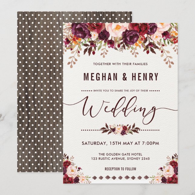 Invitación a bodas florales rusticas de boho Shabb (Anverso / Reverso)