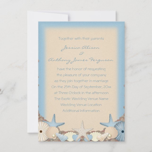Invitación a bodas hermosas conchas de playa tropi (Anverso)
