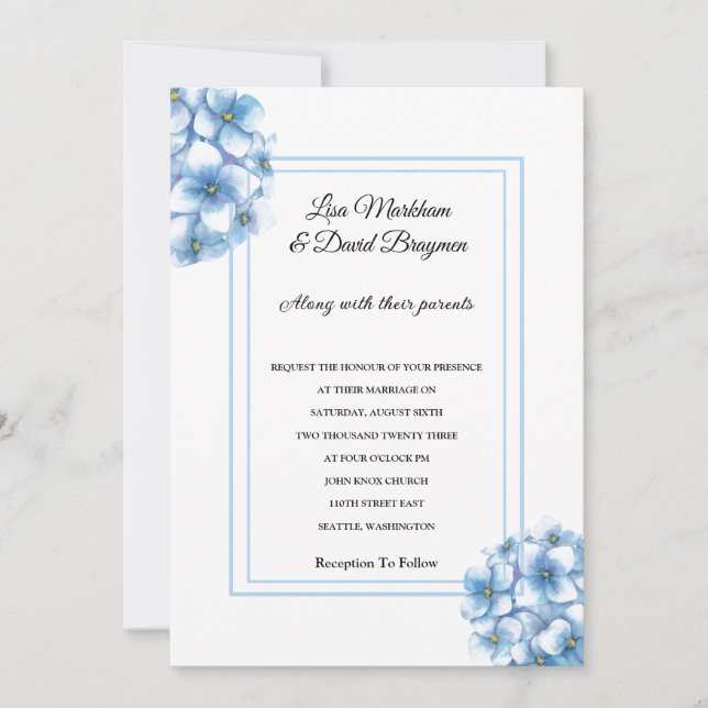 Invitación a bodas - Hidrángulos azules Invitación (Anverso)