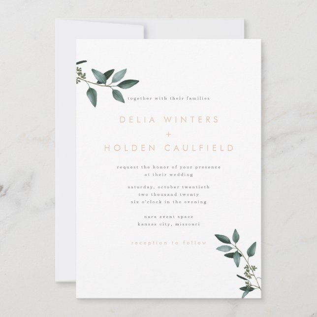 Invitación a bodas modernas de eucalipto (Anverso)