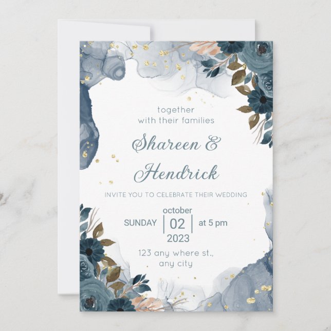 Invitación a bodas Navy Alcohol Ink Floral Backgro (Anverso)