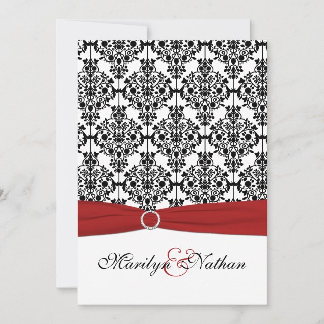 Invitación a bodas Red, White y Black Damask II (Anverso)