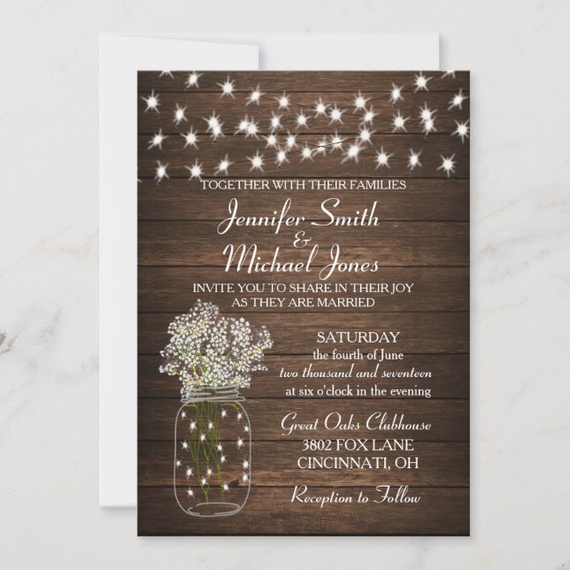 Invitación a bodas rusticas de mason jar y luces (Anverso)