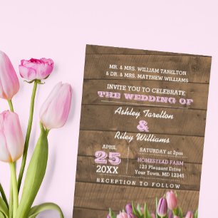 Invitación a bodas rusticas de tulipanes y madera