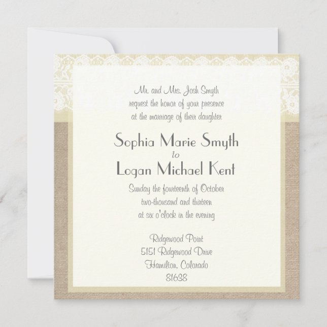 Invitación a bodas Shabby Chic Beige Lace Burlap (Anverso)