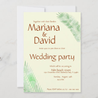 invitación a bodas tropicales beige con palma verd