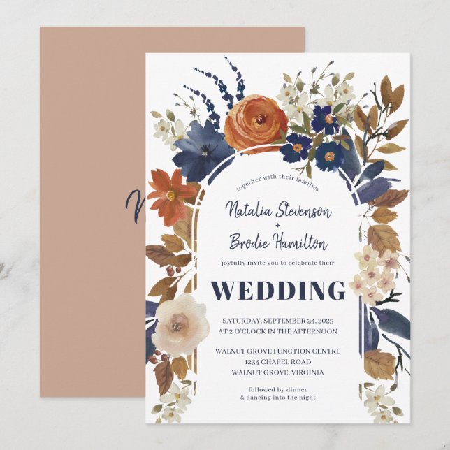 Invitación a Boho Beige Blue Rust Floral Wedding (Anverso / Reverso)