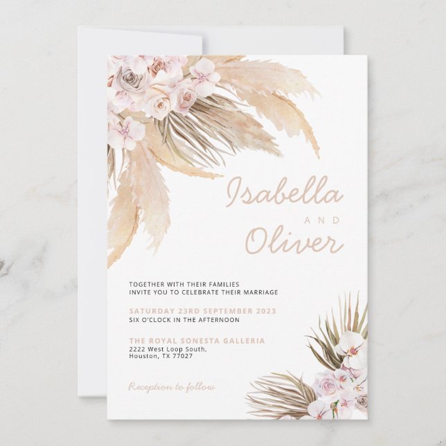 Invitación a boho beige de Pampas Wedding (Anverso)
