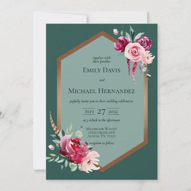 Invitación a boho de Dark Green, Burgundy y Rubor (Anverso)