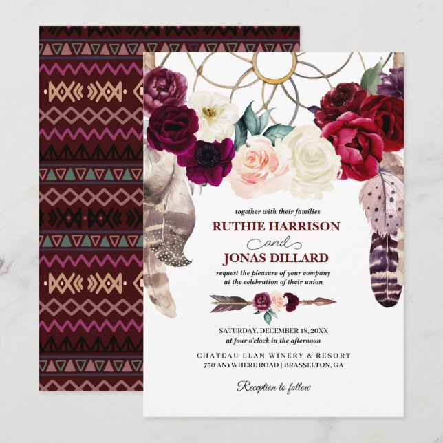 Invitación a Boho Dreamcatcher Burgundy Wedding (Anverso / Reverso)