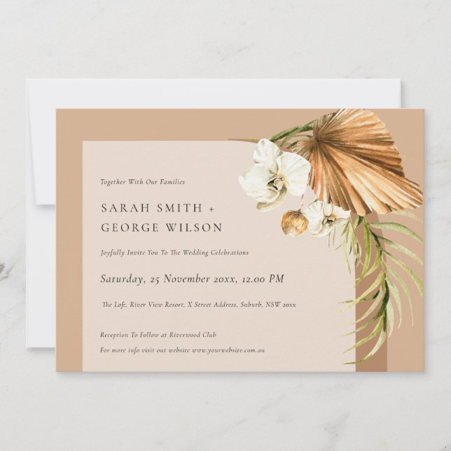 Invitación a Boho Dried Palm Rust Floral Arch Wedd (Anverso)