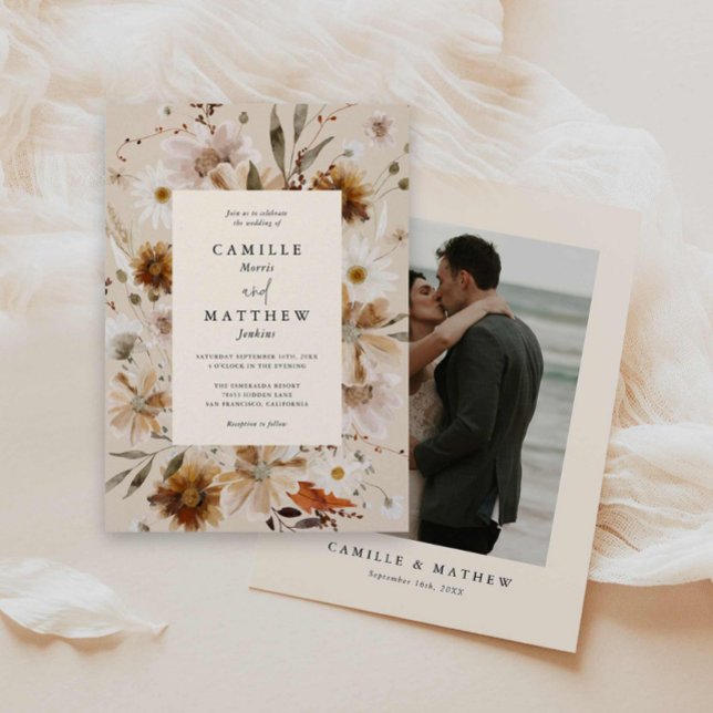 Invitación a Boho Fall Floral Photo Wedding (Elegant Fall Floral Wedding Invitation)