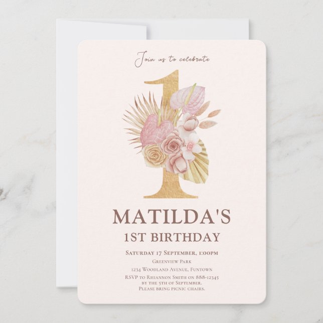 Invitación a Boho Floral 1er cumpleaños (Anverso)