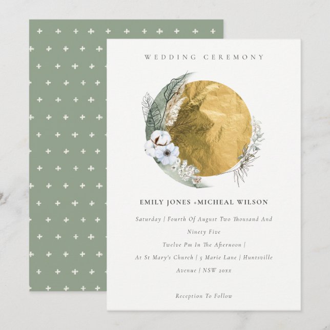Invitación a Boho Gold Saga Green Floral Wreath We (Anverso / Reverso)