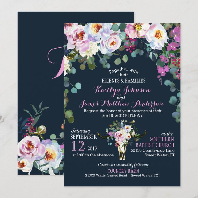 Invitación a Boho Longhorn Cow Skull Floral Weddin (Anverso / Reverso)