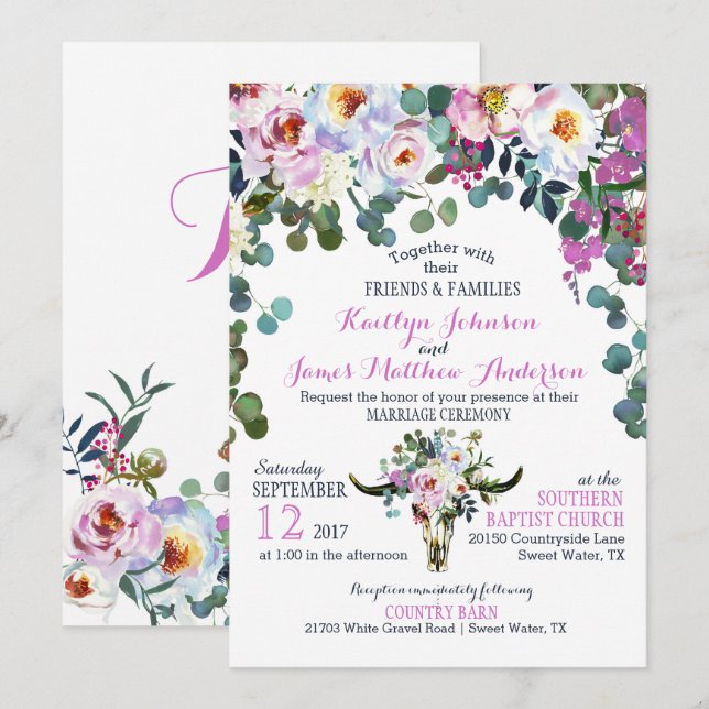 Invitación a Boho Longhorn Cow Skull Floral Weddin (Anverso / Reverso)