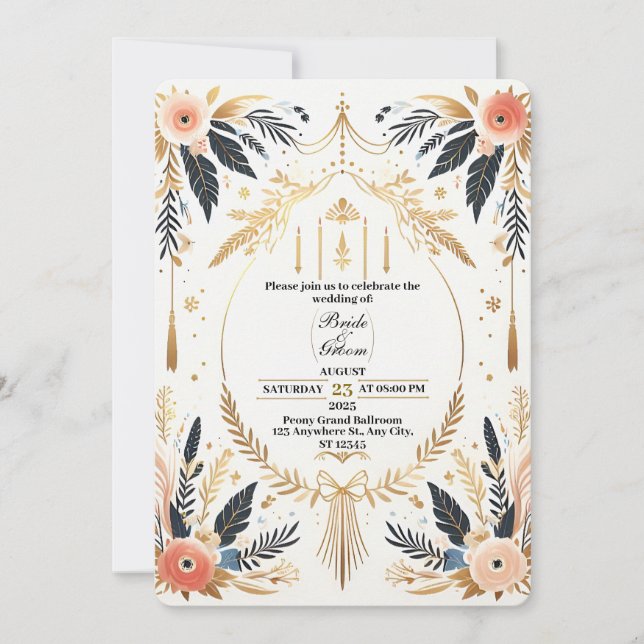 Invitación a Boho Moda Gold & Floral Wedding (Anverso)