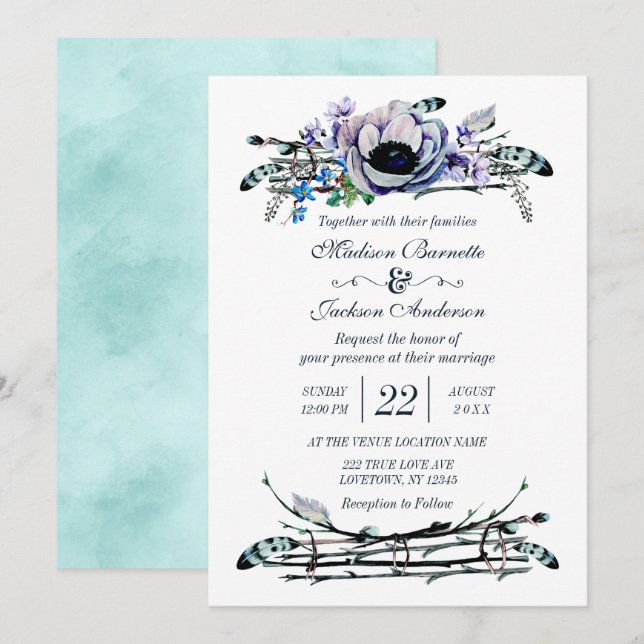 Invitación a Boho Moda Mint & Navy Floral Wedding (Anverso / Reverso)